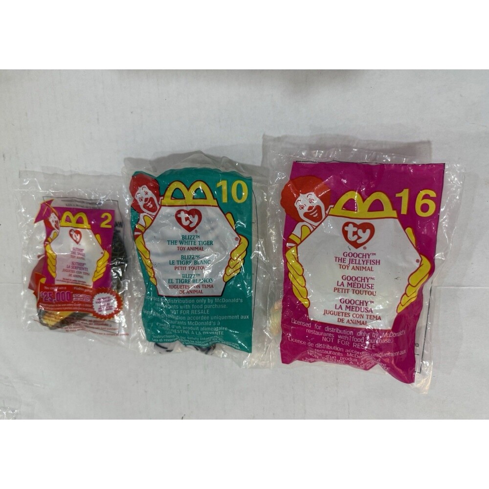McDonalds Happy Meal Toy Ty Teenie Beanie Baby #16 GOOCHY,10 BLIZZ & 2‎ SLITHER